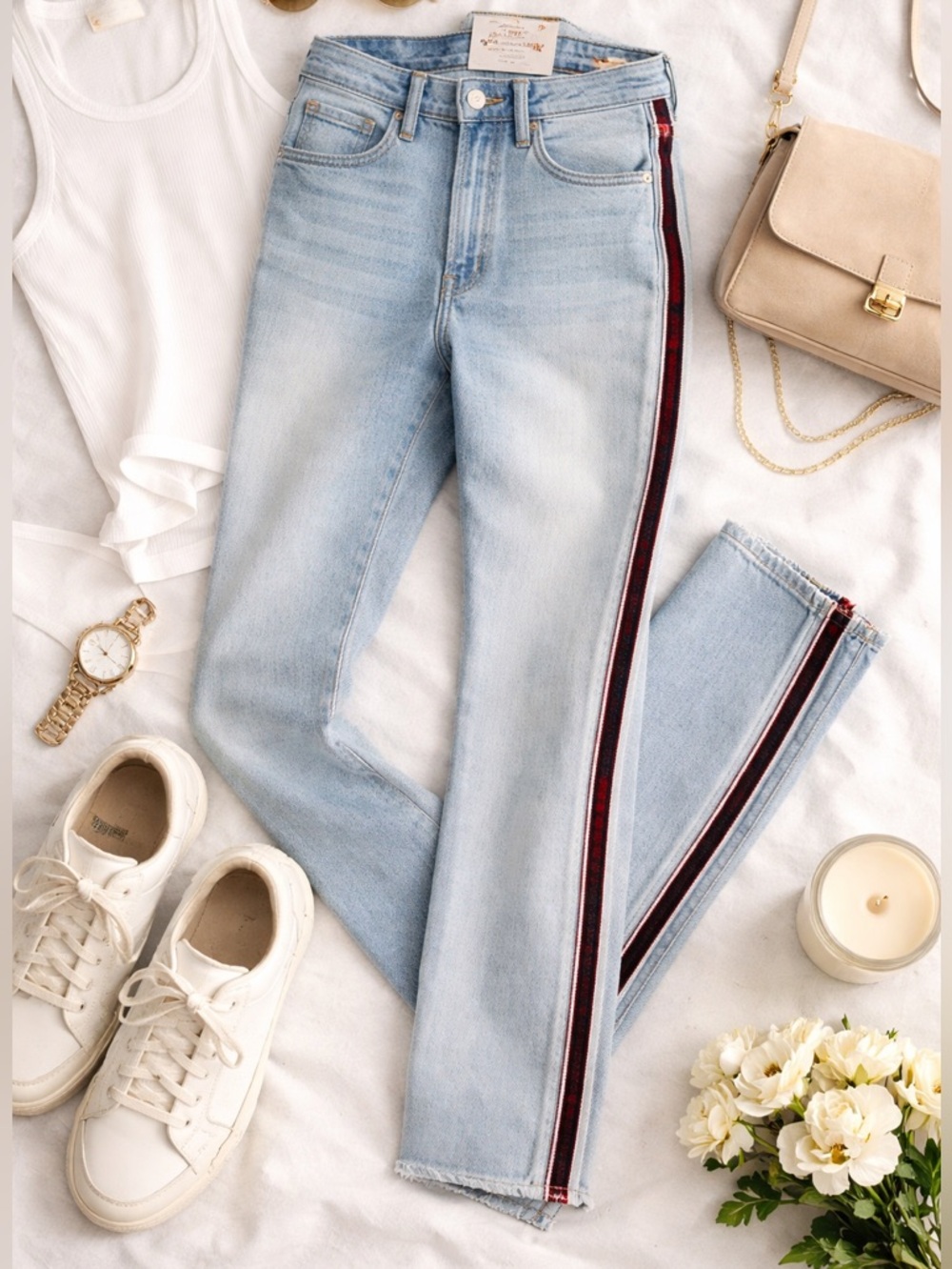 Abercrombie & Fitch Simone High Rise Slim Jeans Side Stripe Light Denim Size 24